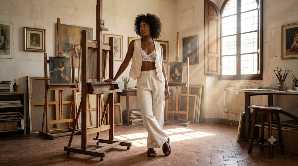 Embroidered Lace Bralette & Linen Waistcoat Suit